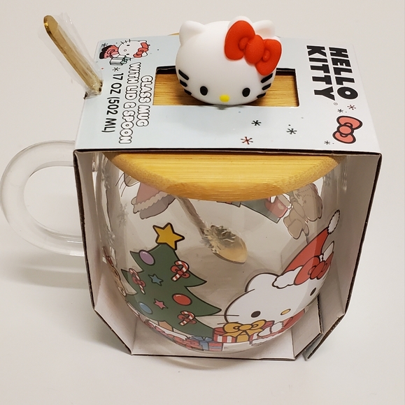 Hello Kitty Christmas Glass Mug with Lid and Spoon 17oz NEW - Picture 4 of 4